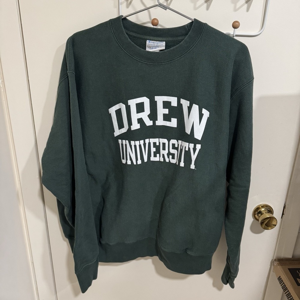 Drew University Sweatshirt Champion Reverse Weave Green Crewneck Mens Size Large
